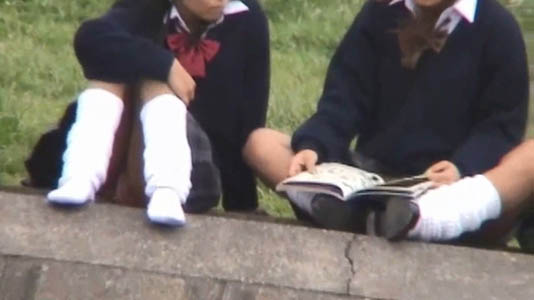 短いスカートにルーズソックスな二人のJKがパンチラして座ってます