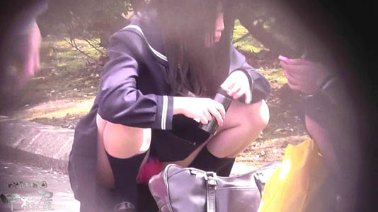 うんこ座りをしているセーラーJKのお股にピンク色が見える