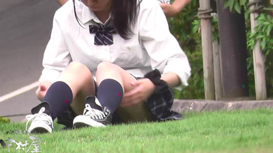 別のカップルJK、芝生に座ってパンツが見えそうです
