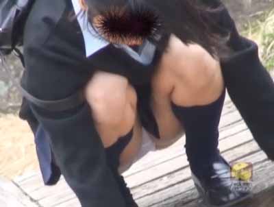しゃがんで白パンツ丸見えなJK